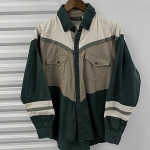 Vintage Spindle River Western Shirt Mens Colorblock Green Tan Pearl Snap Style